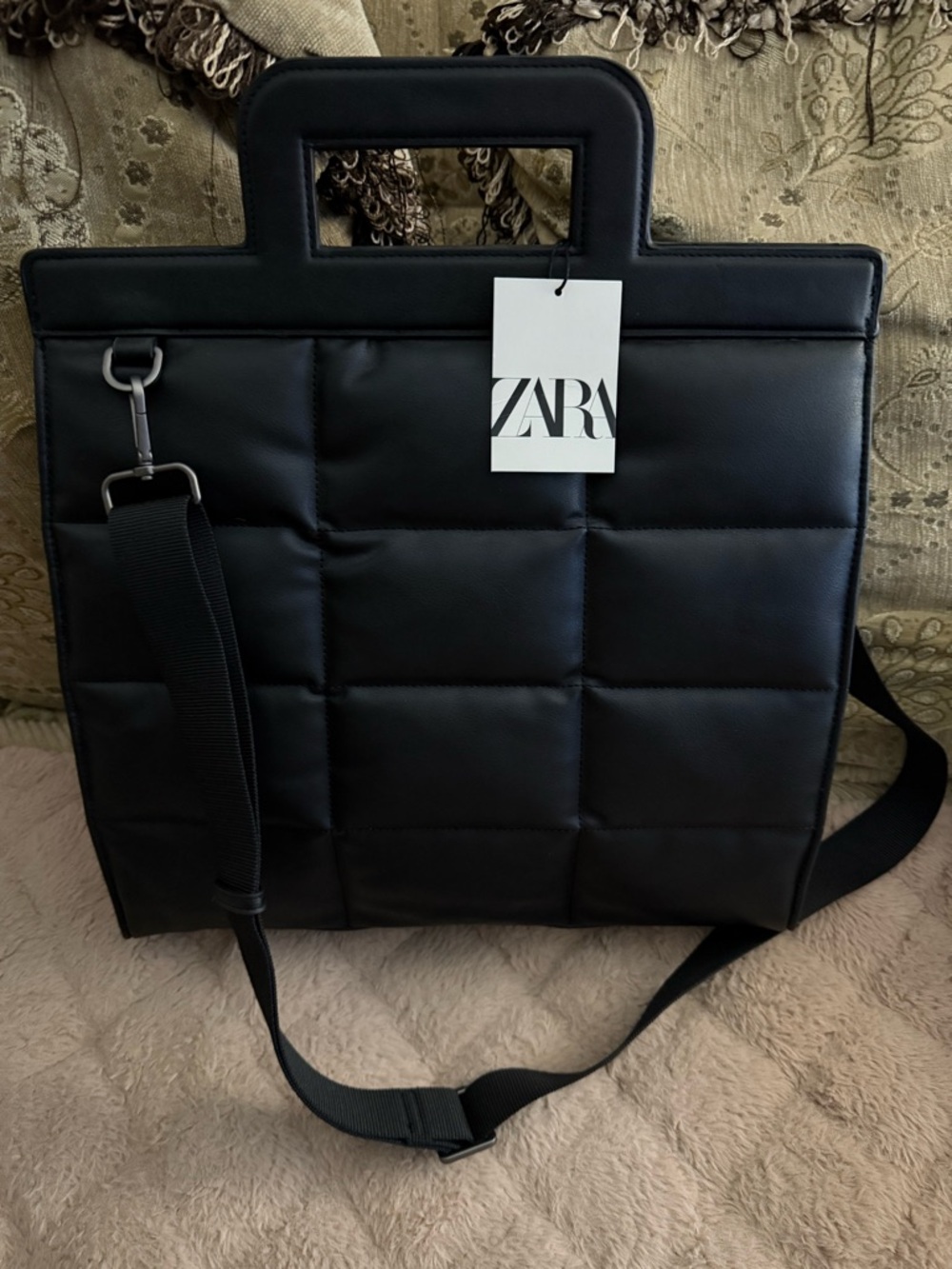 ZARA Black Quilted Messenger Tote with Top Handle